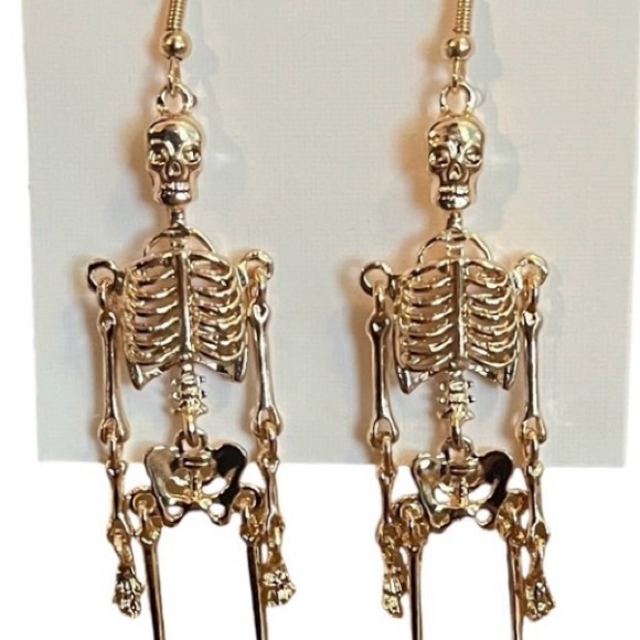 Gold skeleton four inch dangle earrings french wire alloy - Picture 4 of 6